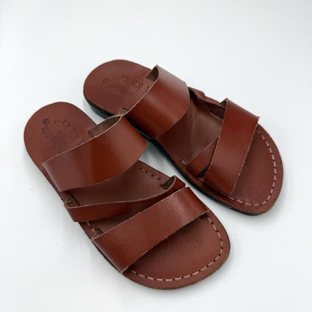 Camel Sandals Women’s 37 Brown Leather Strappy Slide Sandals Handmade